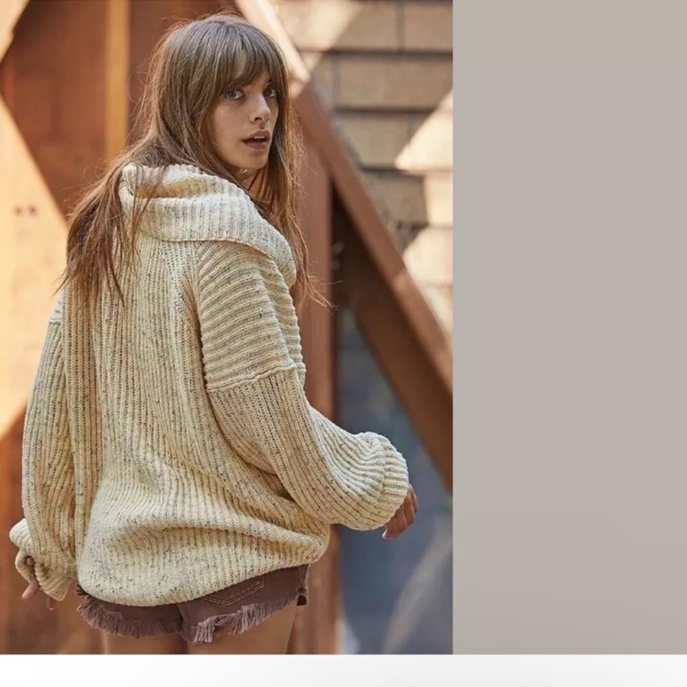 NWOT Free People Leo Tunic Sweater Silver Gleam Combo Beige Oversized XS